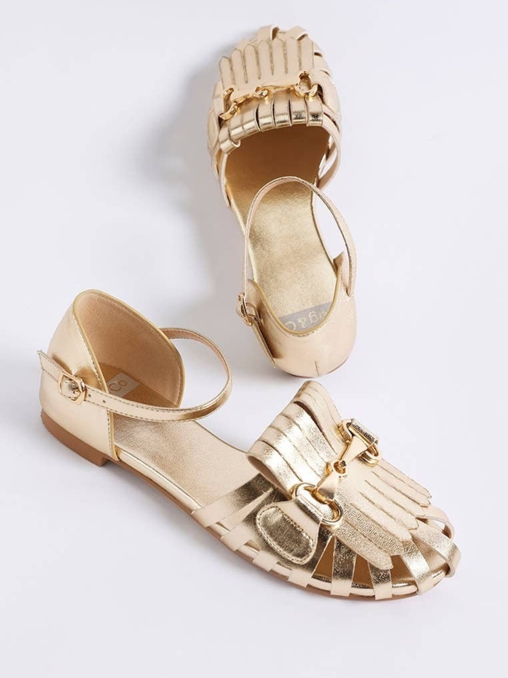 Rag & Co Metallic Gold T-Strap Fringe Sandals